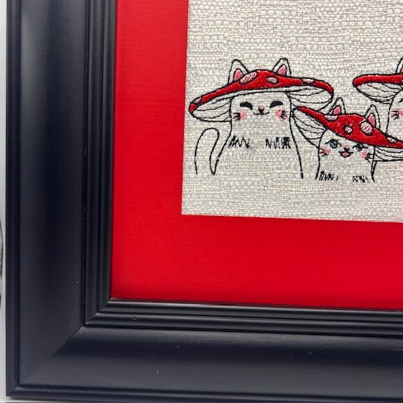 Homemade Black & Red Mushroom Cat Framed Embroidery Art - Picture 6 of 7